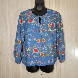 Dalia Blue Floral Boho Blouse Top Sz Lg
